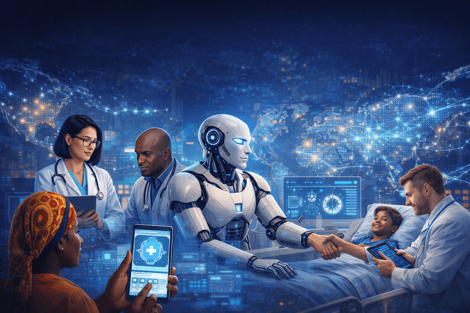 A futuristic healthcare scene showing doctors and a humanoid AI working together around a patient in a hospital setting. A robot shakes hands with a doctor beside a child in a hospital bed, while another person uses a mobile health app. In the background, a glowing world map and digital medical interfaces represent global connectivity and AI-powered healthcare systems.