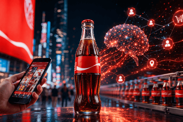Alt text: A Coca-Cola glass bottle stands in the centre of a futuristic city scene while a hand holds a smartphone nearby, with glowing red AI-style network lines and digital icons flowing around the bottle and a production line of drinks in the background, symbolising AI-driven marketing, consumer targeting, and modern brand strategy.