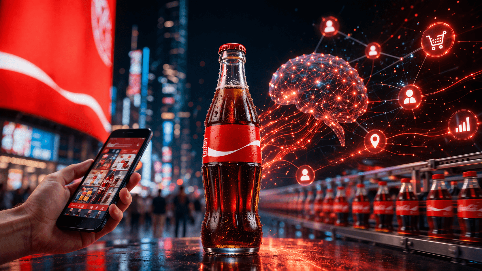 Alt text: A Coca-Cola glass bottle stands in the centre of a futuristic city scene while a hand holds a smartphone nearby, with glowing red AI-style network lines and digital icons flowing around the bottle and a production line of drinks in the background, symbolising AI-driven marketing, consumer targeting, and modern brand strategy.