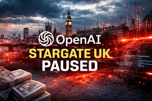 A dramatic London skyline featuring Big Ben under dark clouds with glowing red digital energy lines across the city, symbolising AI infrastructure disruption, alongside stacks of money and a high-tech interface representing paused investment and economic impact