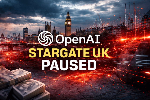 A dramatic London skyline featuring Big Ben under dark clouds with glowing red digital energy lines across the city, symbolising AI infrastructure disruption, alongside stacks of money and a high-tech interface representing paused investment and economic impact