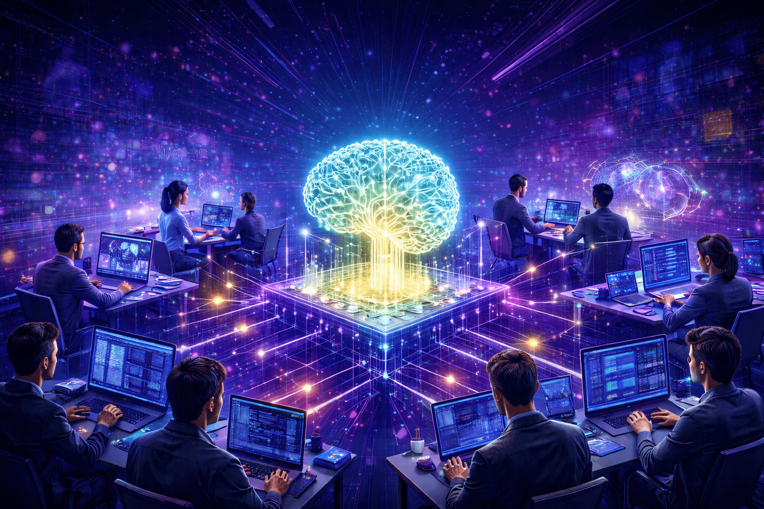 Futuristic AI lab scene with developers working on laptops around a glowing digital brain, surrounded by holographic data and vibrant blue and purple light, symbolizing advanced intelligent systems and collaboration.