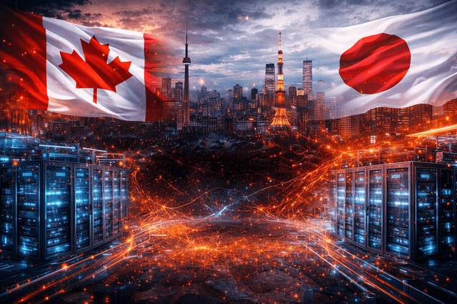 A futuristic scene showing large data centres glowing with digital energy beneath the flags of Canada and Japan, with a modern city skyline in the background, representing Microsoft’s global AI infrastructure expansion and growing cloud network.