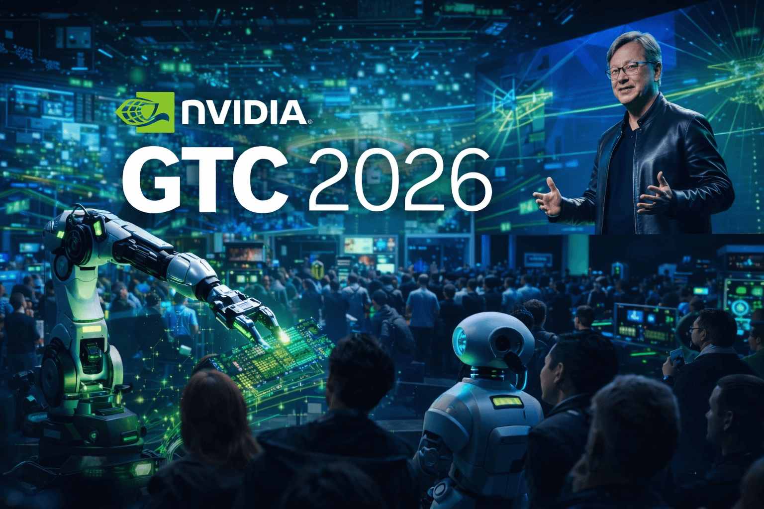 Futuristic AI conference scene with a robotic arm demonstrating advanced technology on a glowing circuit board, a humanoid robot observing, and a large audience watching a keynote presentation on a high tech stage.