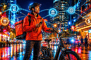 A delivery rider beside an electric bike in a modern city with subtle digital payment network lines connecting restaurants, phones, and financial systems.