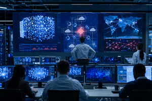 A photorealistic 16:9 4K PNG scene inside a modern enterprise cloud operations centre, with large wall screens showing ai agent activity maps, recovery timelines, and data flow visualisations across aws, azure, and google cloud style environments, cybersecurity engineers watching a live rollback event, dramatic but realistic blue and white lighting, cinematic depth, ultra detailed servers and dashboards, high tension but professional atmosphere, no text