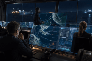 A photorealistic maritime crisis command centre at night where analysts monitor tanker routes, suspicious messages, and security threats near a dangerous shipping corridor.