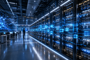 A futuristic ai data centre glows with advanced server racks and flowing digital interfaces that suggest fast, large-scale inference processing.