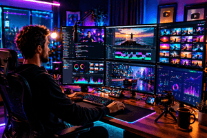 A photorealistic creator workspace showing one person managing video, live streaming, community, and audience tools from a unified digital dashboard.