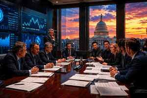 A tense Washington boardroom scene showing bank and crypto leaders facing off over stablecoin policy while digital charts glow and the U.S. Capitol sits in the background at dusk