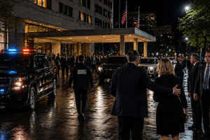 A dramatic night scene outside a Washington hotel showing security agents, police lights, and guests being escorted away after a major political security incident.