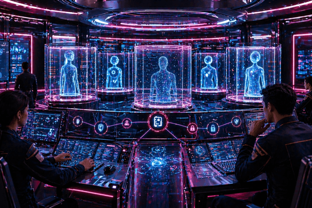 Engineers monitor glowing AI agent sandboxes, policy controls, and secure infrastructure layers inside a futuristic cybersecurity operations room.