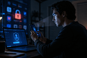 A photorealistic night scene of a person using a laptop and phone while facing digital age verification and privacy check screens.