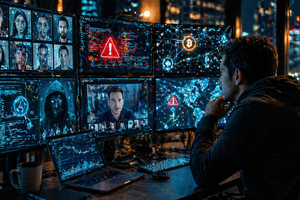A crypto trader sits at night surrounded by screens showing fake profiles, wallet alerts, deepfake video windows, and glowing blockchain data.