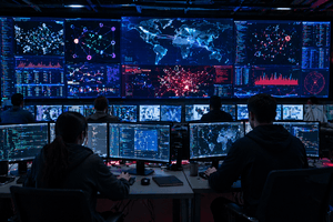 A photorealistic control room shows security engineers watching AI driven alerts, blockchain data flows, and smart contract risk dashboards during a live crypto security incident.