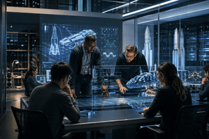 A photorealistic aerospace and AI engineering operations room at night where researchers and developers review large-scale coding systems and compute infrastructure