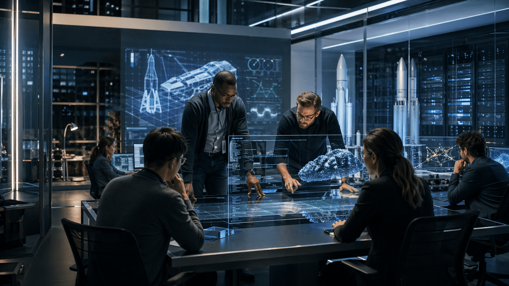 A photorealistic aerospace and AI engineering operations room at night where researchers and developers review large-scale coding systems and compute infrastructure