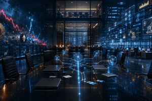 A cinematic crypto office scene shows empty chairs, AI workflow holograms, market volatility, and automation nodes representing a workforce cost reset.