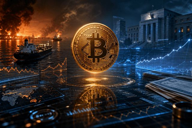 A cinematic Bitcoin scene shows the coin suspended between oil tankers, bond-market data, and rising financial pressure