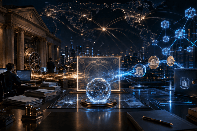 A cinematic image of tokenized Treasury settlement connecting traditional banking infrastructure with glowing blockchain payment rails across global financial hubs.