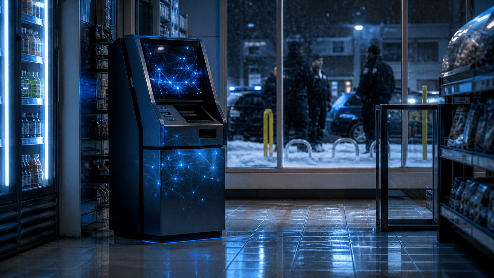 A crypto ATM sits inside a quiet convenience store at night while investigators stand outside, symbolising Canada’s proposed crackdown on crypto ATM fraud.