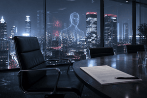A cinematic night scene of an empty office chair, a glowing AI reflection, and legal paperwork symbolising the clash between automation and worker protections.