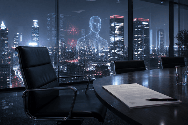 A cinematic night scene of an empty office chair, a glowing AI reflection, and legal paperwork symbolising the clash between automation and worker protections.