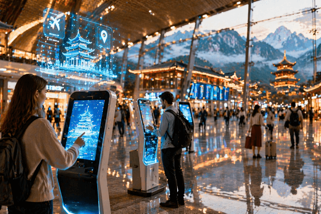 A photorealistic modern Chinese travel hub with travelers using AI assisted digital services in a sleek futuristic concourse.