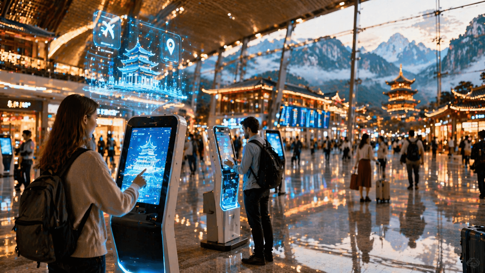 A photorealistic modern Chinese travel hub with travelers using AI assisted digital services in a sleek futuristic concourse.