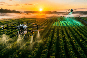 A photorealistic sunrise scene showing smart agricultural drones flying over large crop fields and plantations while spraying and scanning crops.