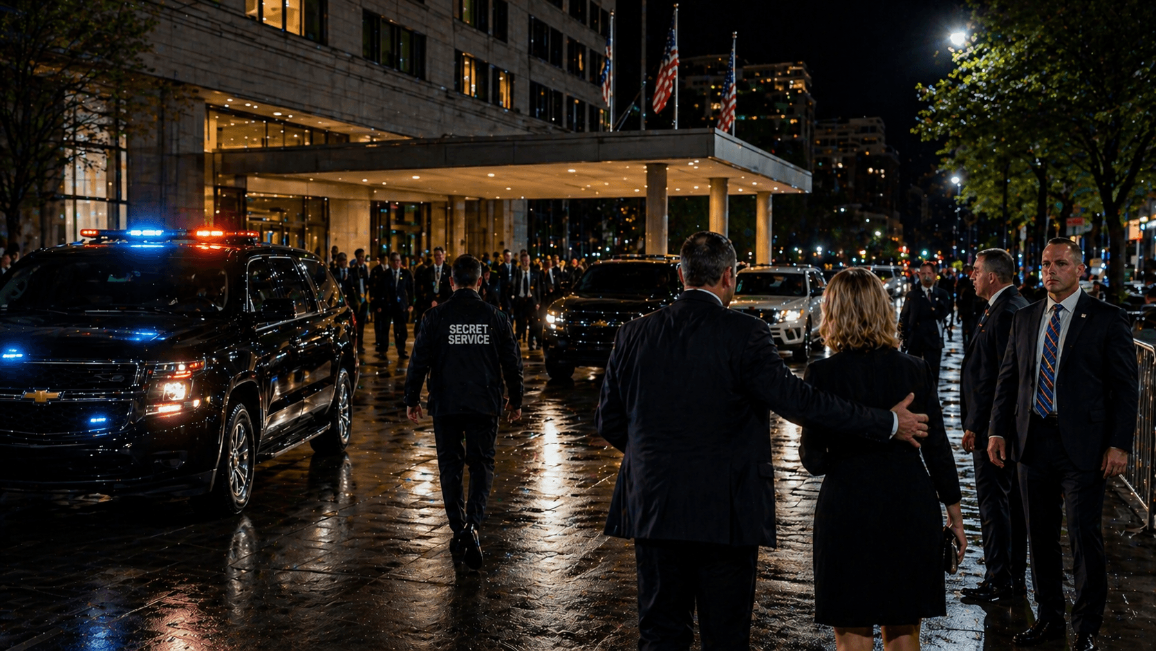 A dramatic night scene outside a Washington hotel showing security agents, police lights, and guests being escorted away after a major political security incident.