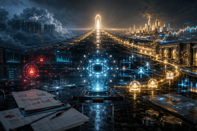 A cinematic crypto exchange scene shows outage stress, weak earnings pressure, and a glowing path toward AI-powered stablecoin infrastructure