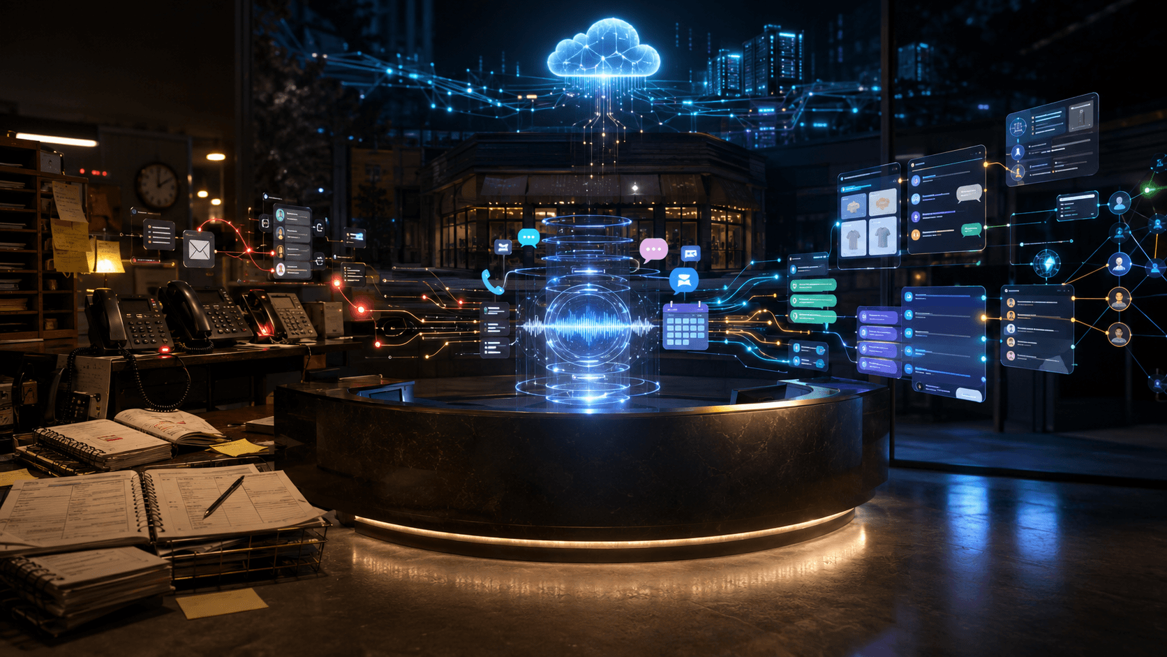 A cinematic AI front desk scene shows calls, messages, calendars, order systems, and customer routing flowing through a glowing AI receptionist hub.