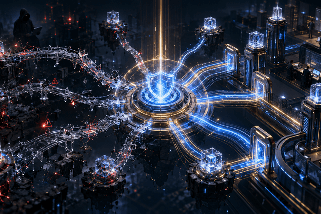 A cinematic image of DeFi value moving from a broken cross-chain bridge toward stronger blue-and-gold security infrastructure after a major exploit.