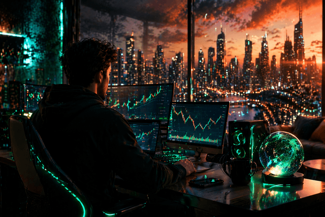 A person sits at a multi-monitor trading setup in a modern high-rise apartment, analyzing financial charts on several screens. The room is lit with teal accent lighting, while a glowing city skyline at sunset fills the large windows, creating a cinematic, futuristic atmosphere focused on technology, trading, and data analysis.