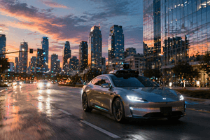 A photorealistic scene of a driverless electric taxi traveling through a modern Texas city at dusk with a futuristic urban atmosphere and cinematic lighting
