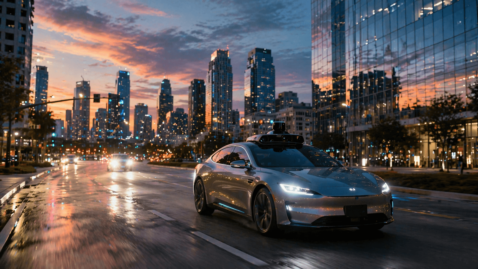 A photorealistic scene of a driverless electric taxi traveling through a modern Texas city at dusk with a futuristic urban atmosphere and cinematic lighting