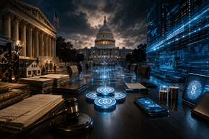 A cinematic financial scene shows traditional banking and crypto stablecoin infrastructure pulling against each other across a congressional hearing table.