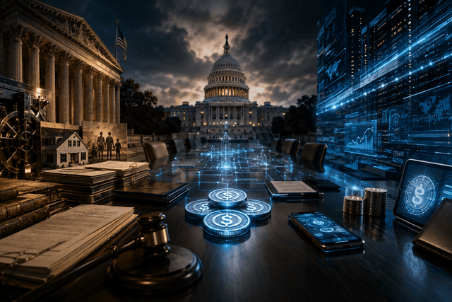 A cinematic financial scene shows traditional banking and crypto stablecoin infrastructure pulling against each other across a congressional hearing table.