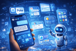 A hand holds a smartphone showing an AI assistant chat interface, surrounded by floating panels for email, calendar, weather, and app automations, while a small glowing robot stands beside the phone against a blue futuristic digital background, representing AI agents that help manage everyday tasks through messaging.