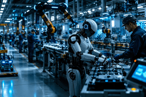 A photorealistic smart factory scene showing a humanoid robot and human workers operating together on a modern industrial production line.