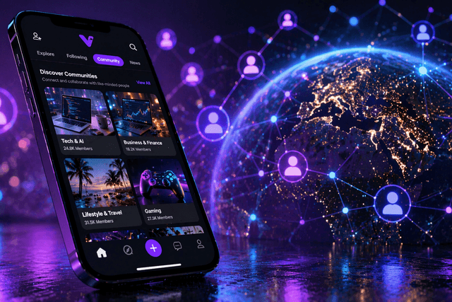 A wide cinematic social media themed image showing a glossy AI-style influencer image on a phone screen contrasted with a more grounded online community space, highlighting the tension between synthetic attention, digital performance, and real human trust