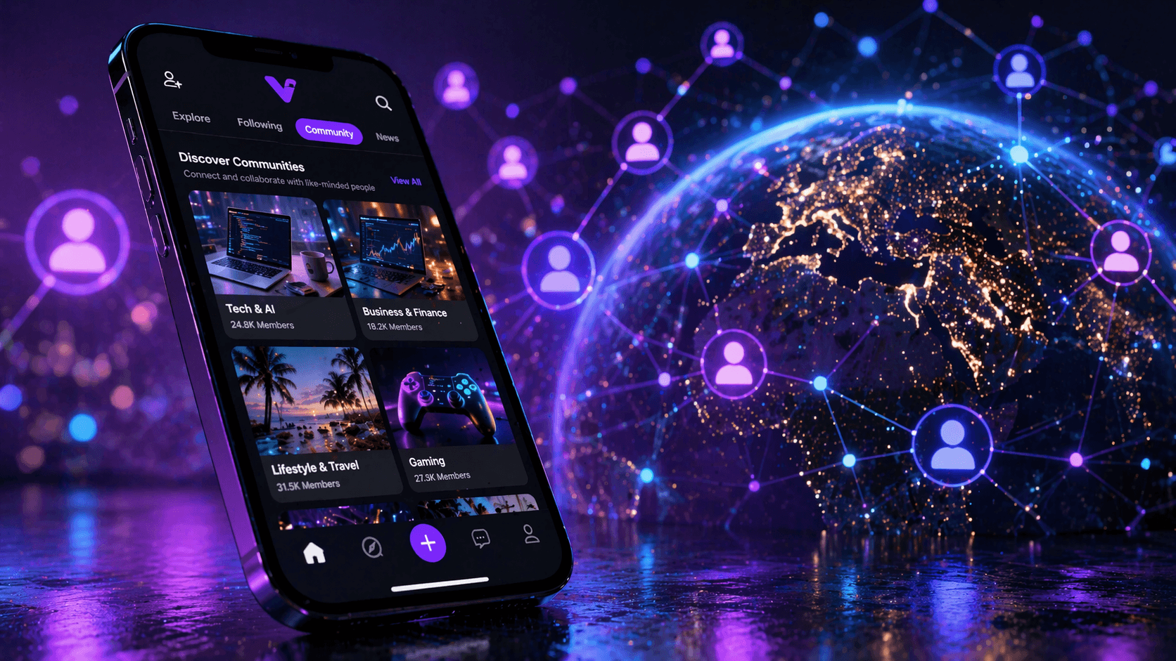 A wide cinematic social media themed image showing a glossy AI-style influencer image on a phone screen contrasted with a more grounded online community space, highlighting the tension between synthetic attention, digital performance, and real human trust