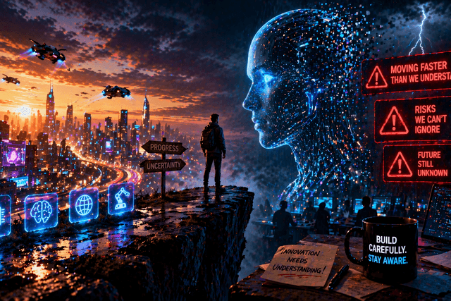 A cinematic futuristic scene showing a lone person standing on the edge of a cliff overlooking a glowing high-tech city at sunset, facing a massive holographic AI face in the sky. The environment contrasts bright innovation on one side with dark storm clouds and lightning on the other, symbolising the tension between rapid AI progress and uncertainty. Drones fly overhead, digital icons float in the air, and a distant control room glows in the background, capturing the balance between technological advancement and the risks that come with it.