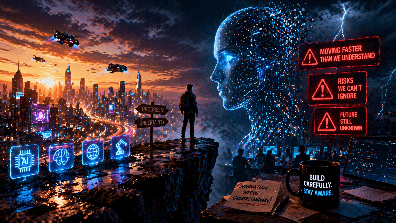 A cinematic futuristic scene showing a lone person standing on the edge of a cliff overlooking a glowing high-tech city at sunset, facing a massive holographic AI face in the sky. The environment contrasts bright innovation on one side with dark storm clouds and lightning on the other, symbolising the tension between rapid AI progress and uncertainty. Drones fly overhead, digital icons float in the air, and a distant control room glows in the background, capturing the balance between technological advancement and the risks that come with it.