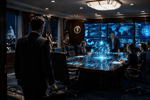 A photorealistic 16:9 4K PNG scene inside a high security government meeting room at night, with a senior AI executive in a dark suit entering a modern West Wing style office while advisors study glowing cybersecurity dashboards and a restrained holographic frontier AI interface hovers above the table, subtle American government details, tense diplomatic atmosphere, cinematic lighting, realistic reflections on polished wood and glass, premium believable technology setting, ultra detailed, no text