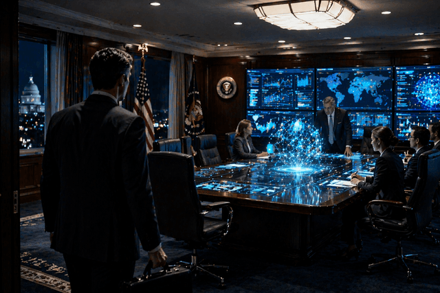 A photorealistic 16:9 4K PNG scene inside a high security government meeting room at night, with a senior AI executive in a dark suit entering a modern West Wing style office while advisors study glowing cybersecurity dashboards and a restrained holographic frontier AI interface hovers above the table, subtle American government details, tense diplomatic atmosphere, cinematic lighting, realistic reflections on polished wood and glass, premium believable technology setting, ultra detailed, no text
