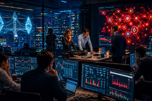 A photorealistic DeFi operations room at night where analysts monitor a cross-chain crypto crisis and spreading liquidity stress across connected platforms.