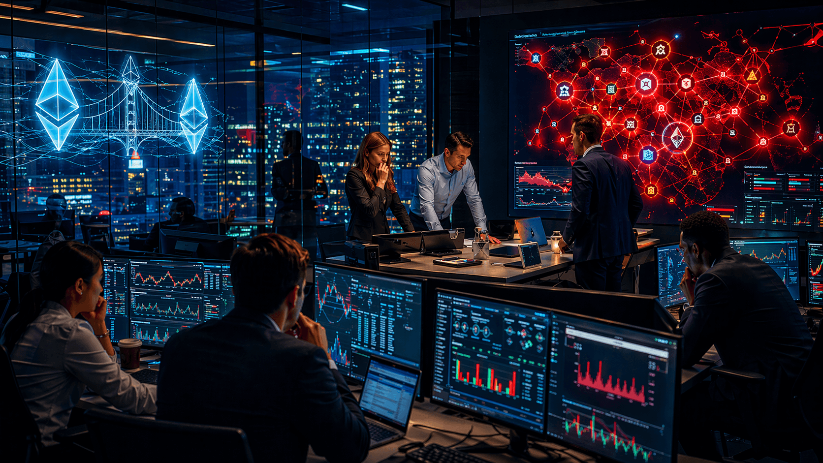 A photorealistic DeFi operations room at night where analysts monitor a cross-chain crypto crisis and spreading liquidity stress across connected platforms.