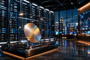 A photorealistic scene of a glowing next generation AI processor in a sleek corporate setting with data center racks and faint market reflections suggesting an upcoming public listing.